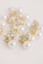 Load image into Gallery viewer, Gold Pearl Sparkler Holiday Statement Bow Earrings