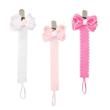 Load image into Gallery viewer, Crochet Edge Grosgrain Pacifier Clip w/ Detachable Bow
