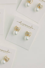 Load image into Gallery viewer, Gold Pearl Sparkler Holiday Statement Bow Earrings