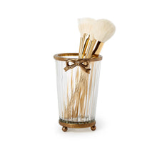 Load image into Gallery viewer, Antique Gold Hand Cut Glass Vase with Bow Accent