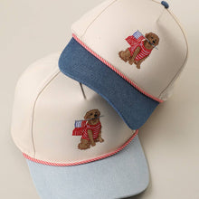 Load image into Gallery viewer, Golden Retriever Holding USA Flag Denim Brim Trucker Hat