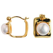 Load image into Gallery viewer, Vintage Mini Square Gold Pearl Huggie Hoop Earrings