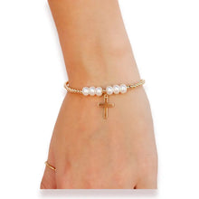 Load image into Gallery viewer, Cross + Pearl Gold Charm Bracelet