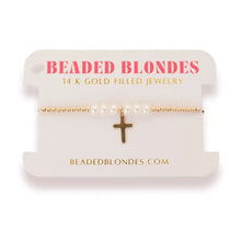 Load image into Gallery viewer, Cross + Pearl Gold Charm Bracelet