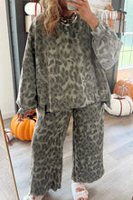 Load image into Gallery viewer, Brown Leopard Print Raw Seam Patchwork Pullover Drawstring Loose Pant Set
