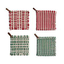 Load image into Gallery viewer, Cotton Crocheted Pot Holder with Leather Loop, 2 Colors, 2 Styles