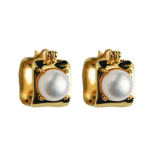 Load image into Gallery viewer, Vintage Mini Square Gold Pearl Huggie Hoop Earrings
