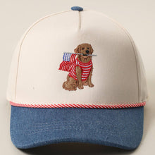 Load image into Gallery viewer, Golden Retriever Holding USA Flag Denim Brim Trucker Hat
