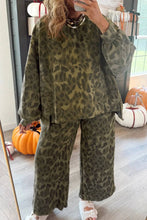 Load image into Gallery viewer, Brown Leopard Print Raw Seam Patchwork Pullover Drawstring Loose Pant Set
