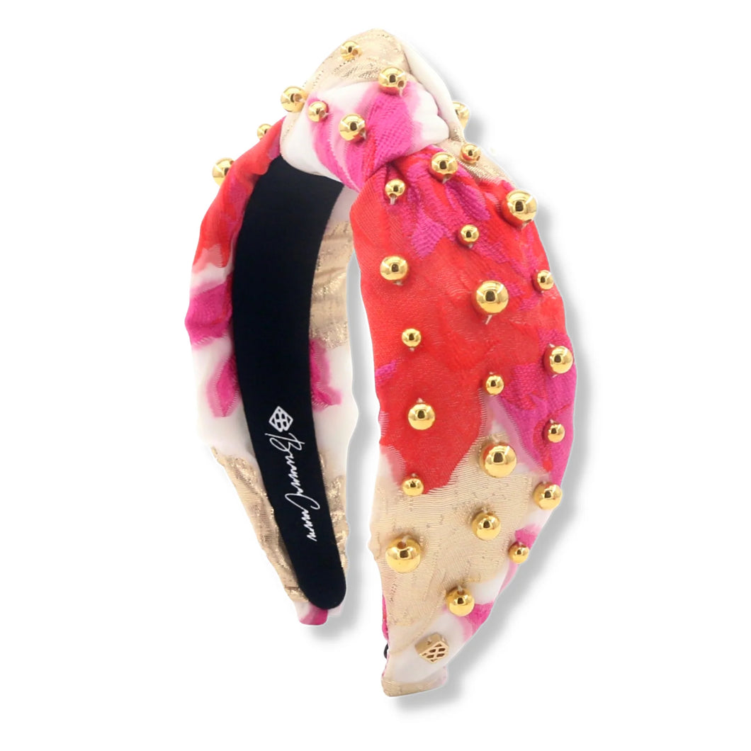 Pink, Red & Ivory Headband with Gold Beads