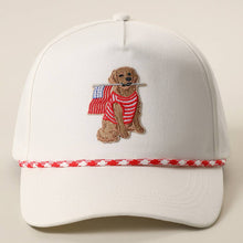 Load image into Gallery viewer, Dog Sitting Holding USA Flag White Rope Trucker Hat
