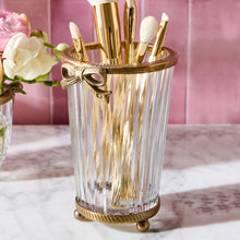 Load image into Gallery viewer, Antique Gold Hand Cut Glass Vase with Bow Accent
