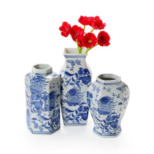Load image into Gallery viewer, Chrysanthemum Hand-Painted Blue and White Vases
