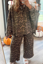 Load image into Gallery viewer, Brown Leopard Print Raw Seam Patchwork Pullover Drawstring Loose Pant Set
