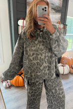 Load image into Gallery viewer, Brown Leopard Print Raw Seam Patchwork Pullover Drawstring Loose Pant Set
