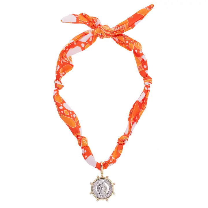 Lydia Studded Coin Scarf Necklace in Orange & White