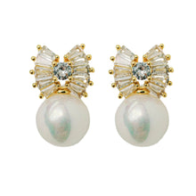 Load image into Gallery viewer, Gold Pearl Sparkler Holiday Statement Bow Earrings
