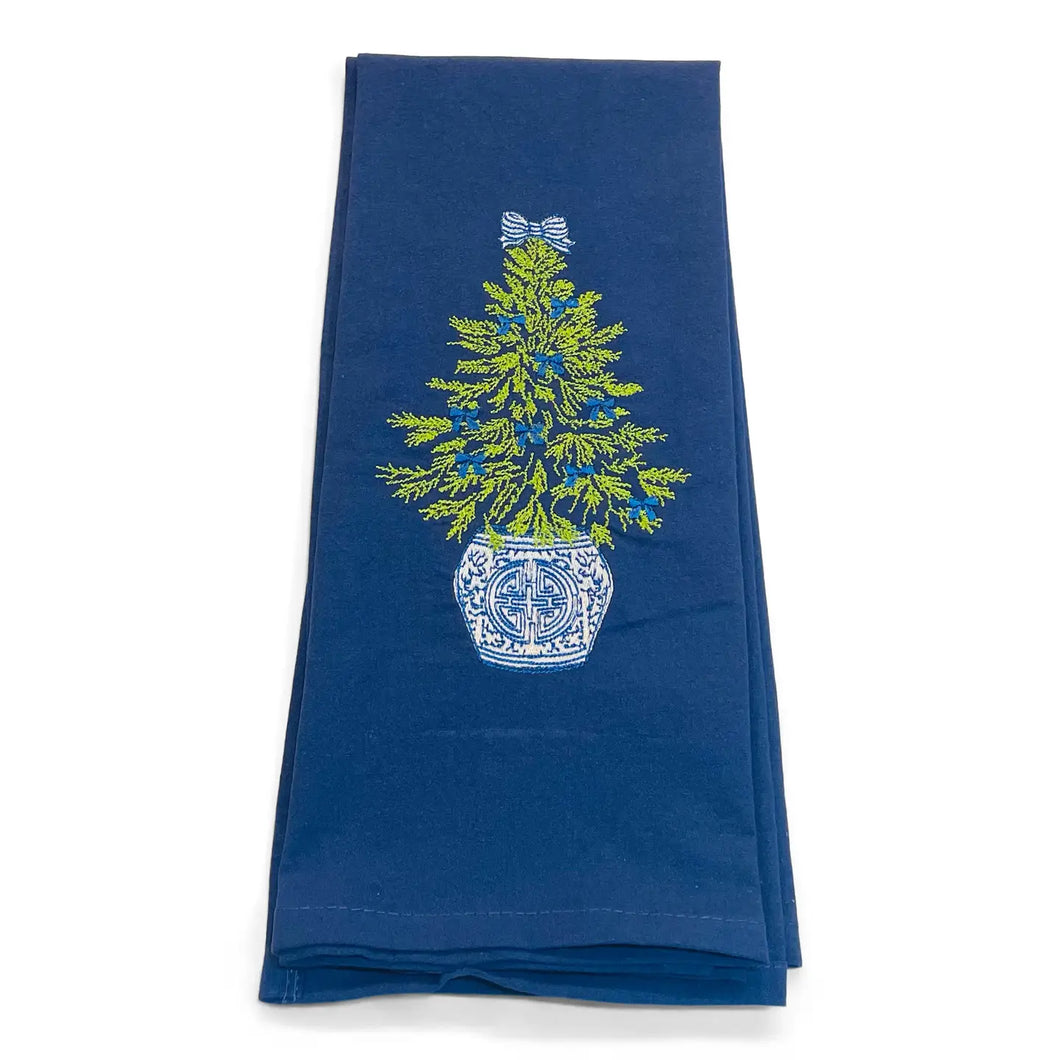 Tea Towel - Chinoiserie Tree with Blue Bows On Navy