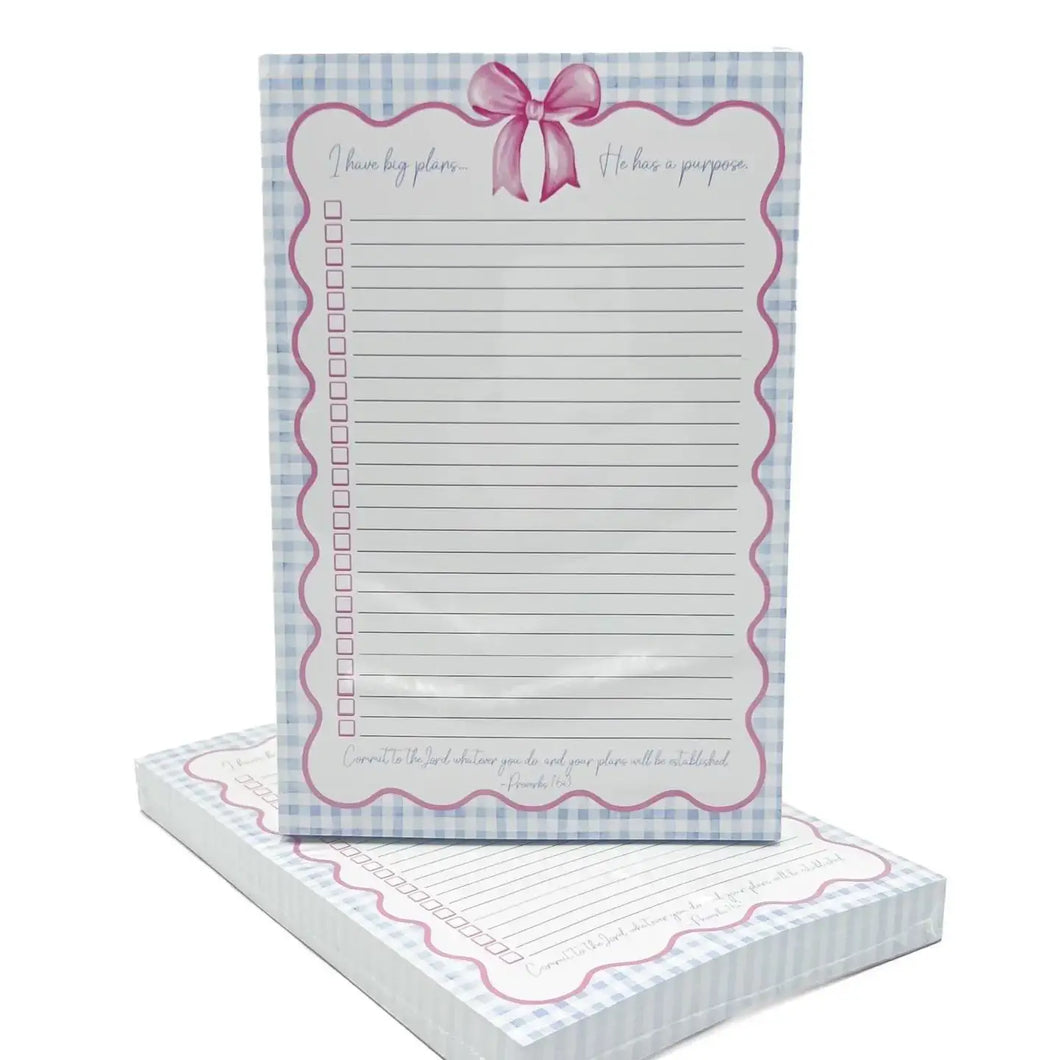 Blue Gingham Pink Bow Scripture Notepad To Do List 6x9