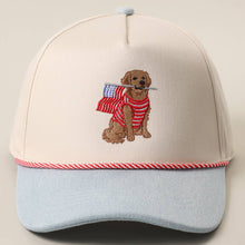 Load image into Gallery viewer, Golden Retriever Holding USA Flag Denim Brim Trucker Hat
