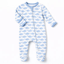 Load image into Gallery viewer, Azure Whales Print Zip Footie – Light Blue
