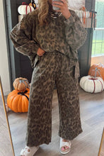 Load image into Gallery viewer, Brown Leopard Print Raw Seam Patchwork Pullover Drawstring Loose Pant Set

