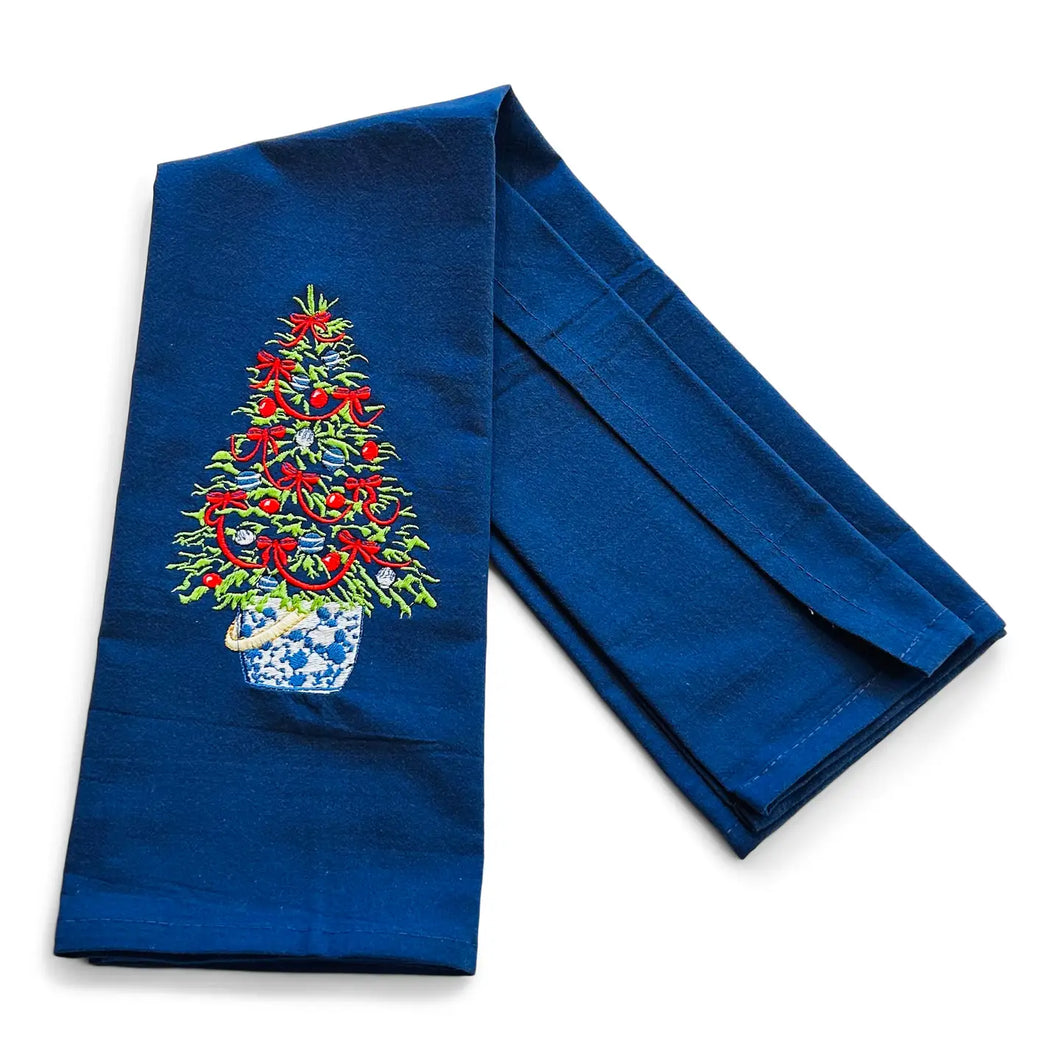 Tea Towel - Tree in Red Ribbon on Navy