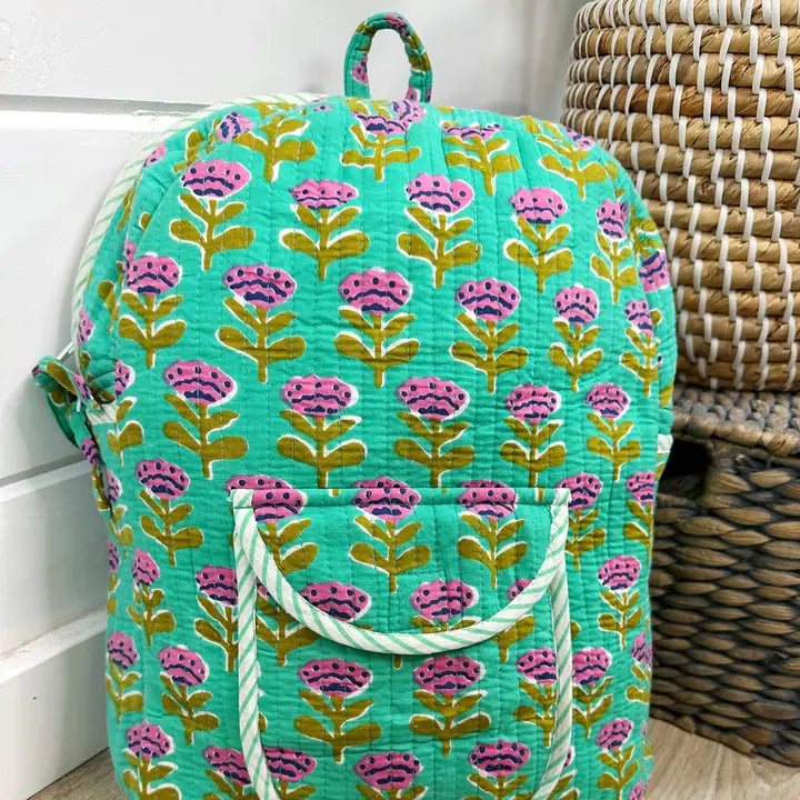 Handmade Quilted Backpack - Aqua Floral