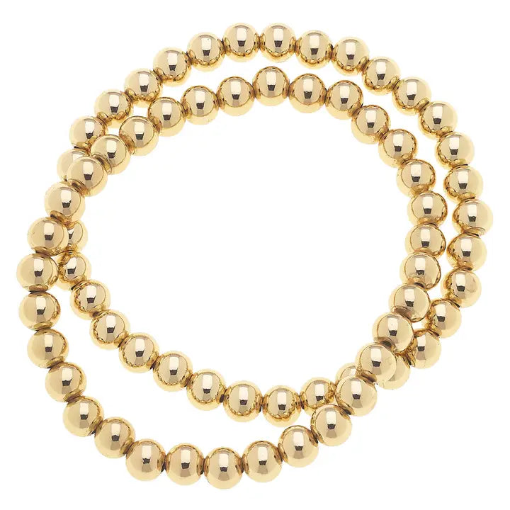 Cypress Ball Bead Stretch Bracelets (Set of 2) in Shiny Gold