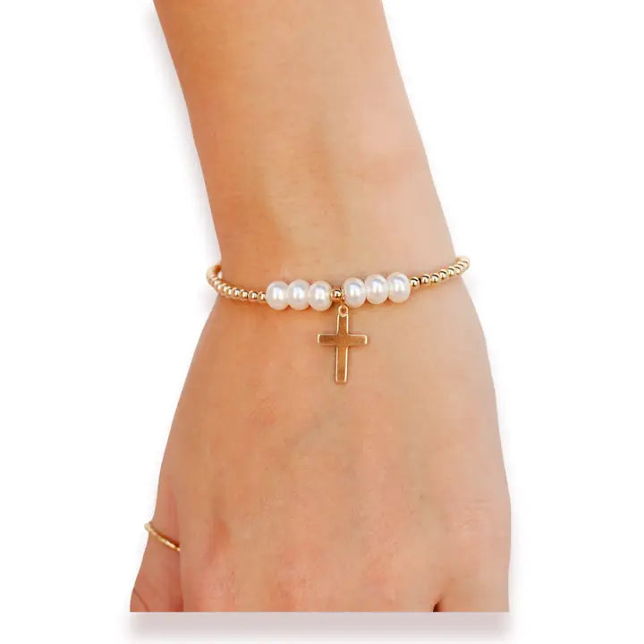 Cross + Pearl Gold Charm Bracelet