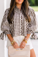 Load image into Gallery viewer, Brown Plaid Knot Half Sleeve Button Down Shirt
