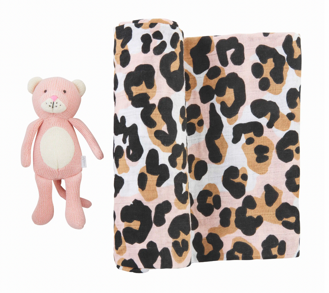 Mud Pie Leopard Swaddle and Rattle Set