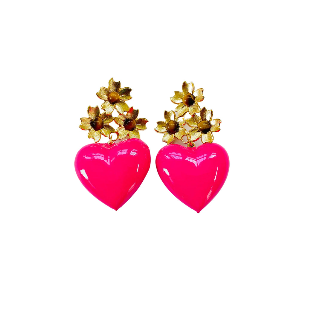 Fuchsia & Tigers Eye Heart Earrings