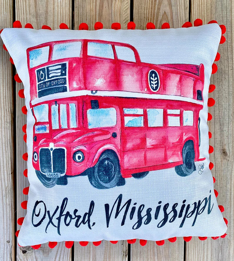 Double Decker Bus Pillow with Red Pom Trim