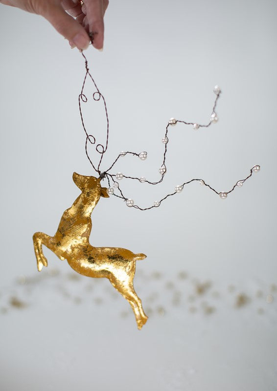 Gold Metal Reindeer Ornament with Pearls